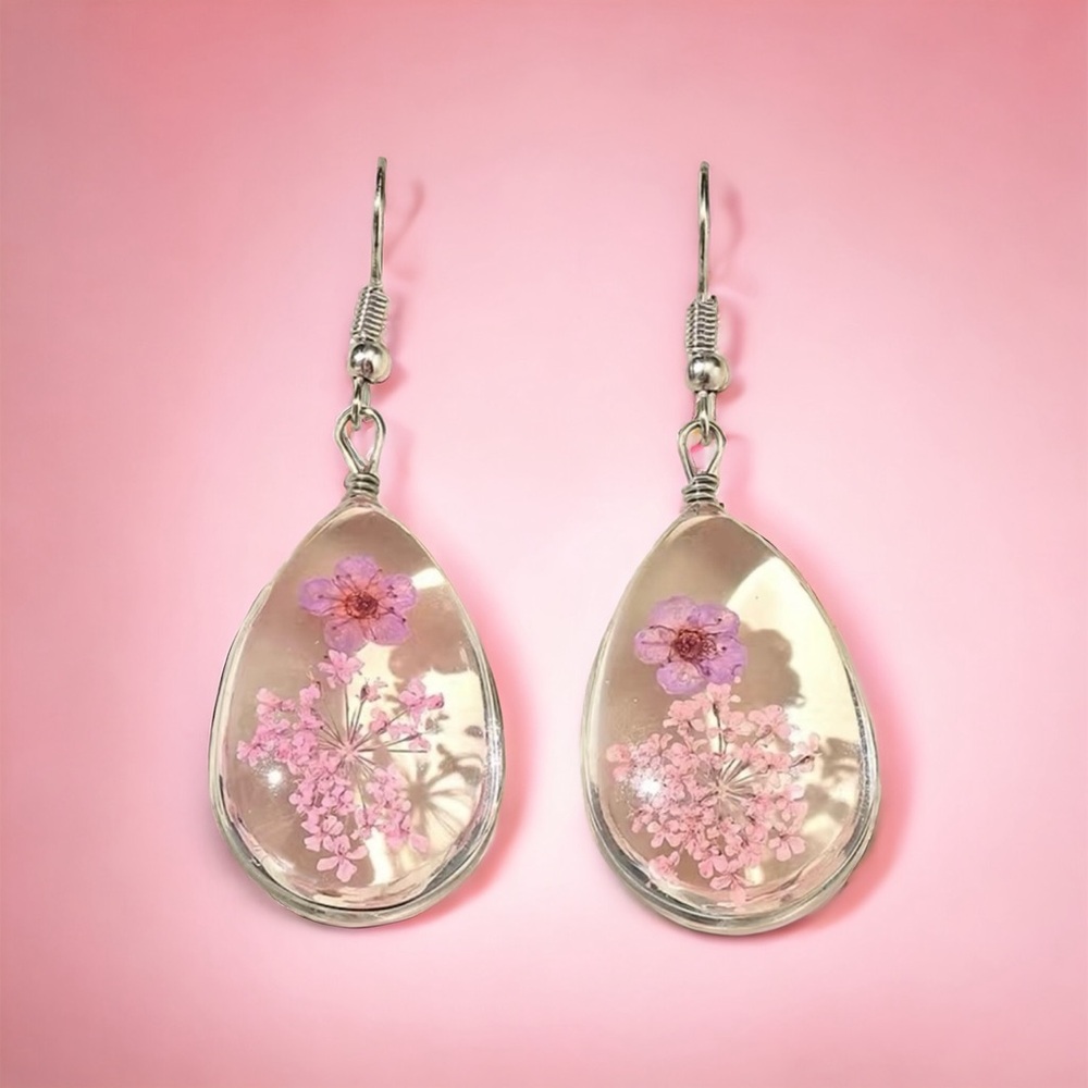 Water Drop Shape Clear Hook Earrings Inlaid Floral Decor Drop Earrings